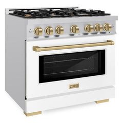 ZLINE Autograph Edition 36 in. 5.2 cu. ft. Select Dual Fuel Range with 6 Burner Gas Cooktop and Electric Convection Oven in Stainless Steel with White Matte Door and Champagne Bronze Accents - HDRZ-WM-36-CB - The Home Selection