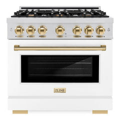 ZLINE Autograph Edition 36 in. 5.2 cu. ft. Select Dual Fuel Range with 6 Burner Gas Cooktop and Electric Convection Oven in Stainless Steel with White Matte Door and Polished Gold Accents - HDRZ-WM-36-G - The Home Selection