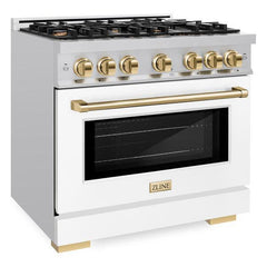 ZLINE Autograph Edition 36 in. 5.2 cu. ft. Select Dual Fuel Range with 6 Burner Gas Cooktop and Electric Convection Oven in Stainless Steel with White Matte Door and Polished Gold Accents - HDRZ-WM-36-G - The Home Selection