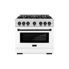 ZLINE Autograph Edition 36 in. 5.2 cu. ft. Select Gas Range with 6 Burner Cooktop and Convection Gas Oven in Stainless Steel with White Matte Door and Matte Black Accents - HGRZ-WM-36-MB - The Home Selection