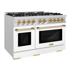 ZLINE Autograph Edition 48 in. 6.7 cu. ft. Select Double Oven Dual Fuel Range with 8 Burner Gas Cooktop in Stainless Steel with White Matte Door and Polished Gold Accents - HDRZ-WM-48-G - The Home Selection