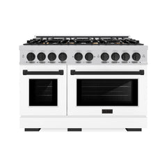 ZLINE Autograph Edition 48 in. 6.7 cu. ft. Select Double Oven Dual Fuel Range with 8 Burner Gas Cooktop in Stainless Steel with White Matte Door and Matte Black Accents - HDRZ-WM-48-MB - The Home Selection