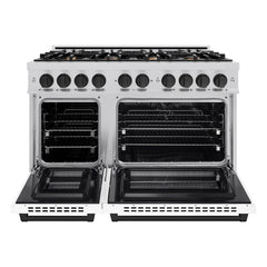 ZLINE Autograph Edition 48 in. 6.7 cu. ft. Select Double Oven Dual Fuel Range with 8 Burner Gas Cooktop in Stainless Steel with White Matte Door and Matte Black Accents - HDRZ-WM-48-MB - The Home Selection