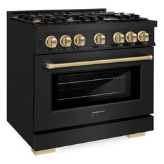 ZLINE Autograph Edition 36 in. 5.2 cu. ft. Select Gas Range with 6 Burner Cooktop and Convection Gas Oven in Black Stainless Steel and Champagne Bronze Accents - HGRBZ-36-CB - The Home Selection