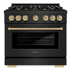 ZLINE Autograph Edition 36 in. 5.2 cu. ft. Select Gas Range with 6 Burner Cooktop and Convection Gas Oven in Black Stainless Steel and Champagne Bronze Accents - HGRBZ-36-CB - The Home Selection