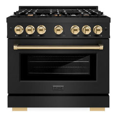 ZLINE Autograph Edition 36 in. 5.2 cu. ft. Select Gas Range with 6 Burner Cooktop and Convection Gas Oven in Black Stainless Steel and Polished Gold Accents - HGRBZ-36-G - The Home Selection