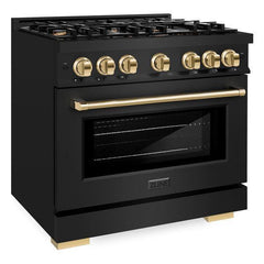 ZLINE Autograph Edition 36 in. 5.2 cu. ft. Select Gas Range with 6 Burner Cooktop and Convection Gas Oven in Black Stainless Steel and Polished Gold Accents - HGRBZ-36-G - The Home Selection