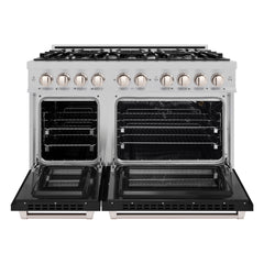 ZLINE 48 in. 6.7 cu. ft. Select Double Oven Gas Range with 8 Burner Cooktop in Satin Stainless Steel with Black Matte Doors - HGRS-BLM-48 - The Home Selection