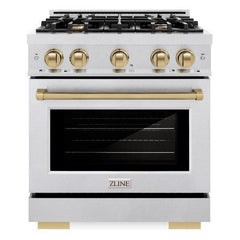 ZLINE Autograph Edition 30 in. 4.2 cu. ft. Select Gas Range with 4 Burner Cooktop and Convection Gas Oven in DuraSnow® Stainless Steel and Champagne Bronze Accents - HGRSZ-30-CB - The Home Selection