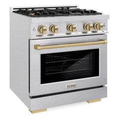 ZLINE Autograph Edition 30 in. 4.2 cu. ft. Select Gas Range with 4 Burner Cooktop and Convection Gas Oven in DuraSnow® Stainless Steel and Champagne Bronze Accents - HGRSZ-30-CB - The Home Selection