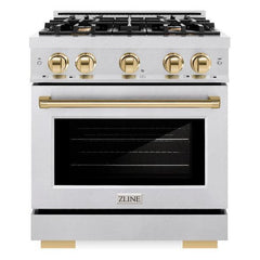 ZLINE Autograph Edition 30 in. 4.2 cu. ft. Select Gas Range with 4 Burner Cooktop and Convection Gas Oven in DuraSnow® Stainless Steel and Polished Gold Accents - HGRSZ-30-G - The Home Selection