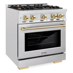 ZLINE Autograph Edition 30 in. 4.2 cu. ft. Select Gas Range with 4 Burner Cooktop and Convection Gas Oven in DuraSnow® Stainless Steel and Polished Gold Accents - HGRSZ-30-G - The Home Selection