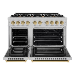 ZLINE Autograph Edition 48 in. 6.7 cu. ft. Select Double Oven Gas Range with 8 Burner Cooktop in Satin Stainless Steel and Champagne Bronze Accents - HGRSZ-48-CB - The Home Selection