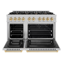 ZLINE Autograph Edition 48 in. 6.7 cu. ft. Select Double Oven Gas Range with 8 Burner Cooktop in Satin Stainless Steel and Polished Gold Accents - HGRSZ-48-G - The Home Selection