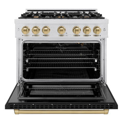 ZLINE Autograph Edition 36 in. 5.2 cu. ft. Select Gas Range with 6 Burner Cooktop and Convection Gas Oven in Satin Stainless Steel with Black Matte Door and Champagne Bronze Accents - HGRSZ-BLM-36-CB - The Home Selection