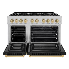 ZLINE Autograph Edition 48 in. 6.7 cu. ft. Select Double Oven Gas Range with 8 Burner Cooktop in Satin Stainless Steel with Black Matte Doors and Champagne Bronze Accents - HGRSZ-BLM-48-CB - The Home Selection