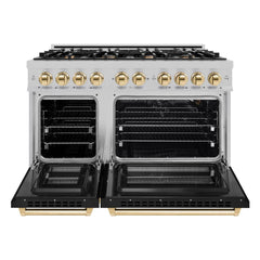 ZLINE Autograph Edition 48 in. 6.7 cu. ft. Select Double Oven Gas Range with 8 Burner Cooktop in Satin Stainless Steel with Black Matte Doors and Polished Gold Accents - HGRSZ-BLM-48-G - The Home Selection