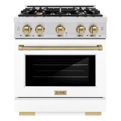ZLINE Autograph Edition 30 in. 4.2 cu. ft. Select Gas Range with 4 Burner Cooktop and Convection Gas Oven in DuraSnow® Stainless Steel with White Matte Door and Champagne Bronze Accents - HGRSZ-WM-30-CB - The Home Selection