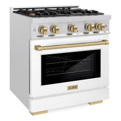 ZLINE Autograph Edition 30 in. 4.2 cu. ft. Select Gas Range with 4 Burner Cooktop and Convection Gas Oven in DuraSnow® Stainless Steel with White Matte Door and Champagne Bronze Accents - HGRSZ-WM-30-CB - The Home Selection