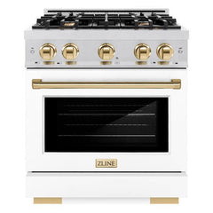 ZLINE Autograph Edition 30 in. 4.2 cu. ft. Select Gas Range with 4 Burner Cooktop and Convection Gas Oven in DuraSnow® Stainless Steel with White Matte Door and Polished Gold Accents - HGRSZ-WM-30-G - The Home Selection