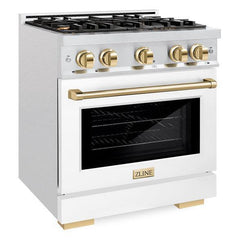 ZLINE Autograph Edition 30 in. 4.2 cu. ft. Select Gas Range with 4 Burner Cooktop and Convection Gas Oven in DuraSnow® Stainless Steel with White Matte Door and Polished Gold Accents - HGRSZ-WM-30-G - The Home Selection