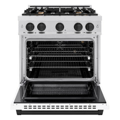 ZLINE Autograph Edition 30 in. 4.2 cu. ft. Select Gas Range with 4 Burner Cooktop and Convection Gas Oven in Satin Stainless Steel with White Matte Door and Matte Black Accents - HGRSZ-WM-30-MB - The Home Selection