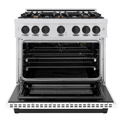 ZLINE Autograph Edition 36 in. 5.2 cu. ft. Select Gas Range with 6 Burner Cooktop and Convection Gas Oven in Satin Stainless Steel with White Matte Door and Matte Black Accents - HGRSZ-WM-36-MB - The Home Selection