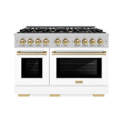 ZLINE Autograph Edition 48 in. 6.7 cu. ft. Select Double Oven Gas Range with 8 Burner Cooktop in Satin Stainless Steel with White Matte Doors and Champagne Bronze Accents - HGRSZ-WM-48-CB - The Home Selection