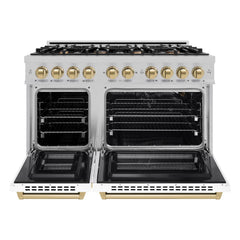 ZLINE Autograph Edition 48 in. 6.7 cu. ft. Select Double Oven Gas Range with 8 Burner Cooktop in Satin Stainless Steel with White Matte Doors and Champagne Bronze Accents - HGRSZ-WM-48-CB - The Home Selection