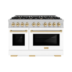 ZLINE Autograph Edition 48 in. 6.7 cu. ft. Select Double Oven Gas Range with 8 Burner Cooktop in Satin Stainless Steel with White Matte Doors and Polished Gold Accents - HGRSZ-WM-48-G - The Home Selection