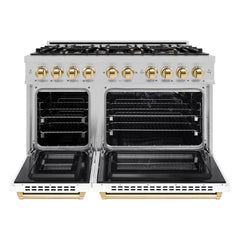 ZLINE Autograph Edition 48 in. 6.7 cu. ft. Select Double Oven Gas Range with 8 Burner Cooktop in Satin Stainless Steel with White Matte Doors and Polished Gold Accents - HGRSZ-WM-48-G - The Home Selection
