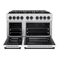 ZLINE Autograph Edition 48 in. 6.7 cu. ft. Select Double Oven Gas Range with 8 Burner Cooktop in Satin Stainless Steel with White Matte Doors and Matte Black Accents - HGRSZ-WM-48-MB - The Home Selection