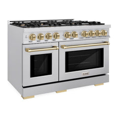 ZLINE Autograph Edition 48 in. 6.7 cu. ft. Select Double Oven Gas Range with 8 Burner Cooktop in Stainless Steel and Champagne Bronze Accents - HGRZ-48-CB - The Home Selection