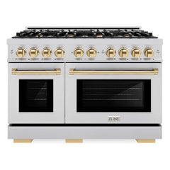 ZLINE Autograph Edition 48 in. 6.7 cu. ft. Select Double Oven Gas Range with 8 Burner Cooktop in Stainless Steel and Polished Gold Accents - HGRZ-48-G - The Home Selection