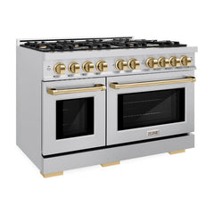 ZLINE Autograph Edition 48 in. 6.7 cu. ft. Select Double Oven Gas Range with 8 Burner Cooktop in Stainless Steel and Polished Gold Accents - HGRZ-48-G - The Home Selection