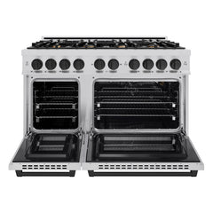 ZLINE Autograph Edition 48 in. 6.7 cu. ft. Select Double Oven Gas Range with 8 Burner Cooktop in Stainless Steel and Matte Black Accents - HGRZ-48-MB - The Home Selection