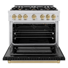 ZLINE Autograph Edition 36 in. 5.2 cu. ft. Select Gas Range with 6 Burner Cooktop and Convection Gas Oven in Stainless Steel with Black Matte Door and Champagne Bronze Accents - HGRZ-BLM-36-CB - The Home Selection