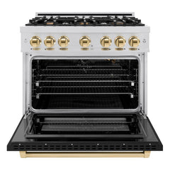 ZLINE Autograph Edition 36 in. 5.2 cu. ft. Select Gas Range with 6 Burner Cooktop and Convection Gas Oven in Stainless Steel with Black Matte Door and Polished Gold Accents - HGRZ-BLM-36-G - The Home Selection