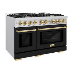ZLINE Autograph Edition 48 in. 6.7 cu. ft. Select Double Oven Gas Range with 8 Burner Cooktop in Stainless Steel with Black Matte Doors and Polished Gold Accents - HGRZ-BLM-48-G - The Home Selection
