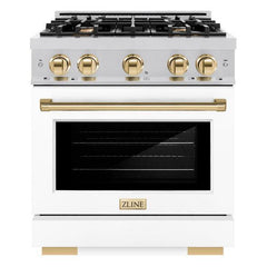 ZLINE Autograph Edition 30 in. 4.2 cu. ft. Select Gas Range with 4 Burner Cooktop and Convection Gas Oven in Stainless Steel with White Matte Door and Polished Gold Accents - HGRZ-WM-30-G - The Home Selection