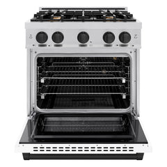 ZLINE Autograph Edition 30 in. 4.2 cu. ft. Select Gas Range with 4 Burner Cooktop and Convection Gas Oven in Stainless Steel with White Matte Door and Matte Black Accents - HGRZ-WM-30-MB - The Home Selection