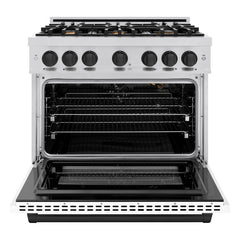 ZLINE Autograph Edition 36 in. 5.2 cu. ft. Select Gas Range with 6 Burner Cooktop and Convection Gas Oven in Stainless Steel with White Matte Door and Matte Black Accents - HGRZ-WM-36-MB - The Home Selection