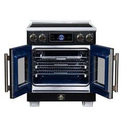 Forno Maximus 30" Induction range, French Door, 4 Cooking Zones, 4.32 cf. Convection Oven, Air Sous Vide, Air Fry Basket - Black - Front Open - The Home Selection