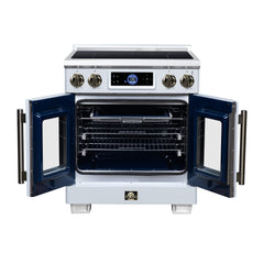 Forno Maximus 30" Induction range, French Door, 4 Cooking Zones, 4.32 cf. Convection Oven, Air Sous Vide, Air Fry Basket - White - Front Open - The Home Selection