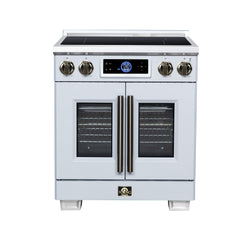 Forno Maximus 30" Induction range, French Door, 4 Cooking Zones, 4.32 cf. Convection Oven, Air Sous Vide, Air Fry Basket - White - Front - The Home Selection