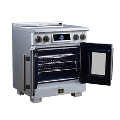 Forno Maximus 30" Induction range, French Door, 4 Cooking Zones, 4.32 cf. Convection Oven, Air Sous Vide, Air Fry Basket - White - Left Angle Open - The Home Selection