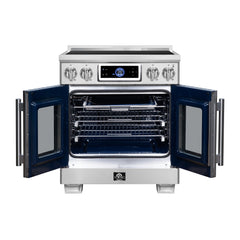 Forno Maximus 30" Induction range, French Door, 4 Cooking Zones, 4.32 cf. Convection Oven, Air Sous Vide, Air Fry Basket - Stainless Steel - Front Open - The Home Selection