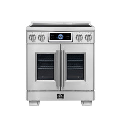 Forno Maximus 30" Induction range, French Door, 4 Cooking Zones, 4.32 cf. Convection Oven, Air Sous Vide, Air Fry Basket - Stainless Steel - Front - The Home Selection