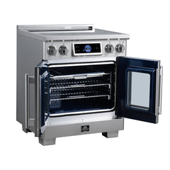 Forno Maximus 30" Induction range, French Door, 4 Cooking Zones, 4.32 cf. Convection Oven, Air Sous Vide, Air Fry Basket - Stainless Steel - Left Angle Open - The Home Selection