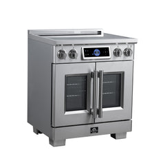 Forno Maximus 30" Induction range, French Door, 4 Cooking Zones, 4.32 cf. Convection Oven, Air Sous Vide, Air Fry Basket - Stainless Steel - Left Angle - The Home Selection